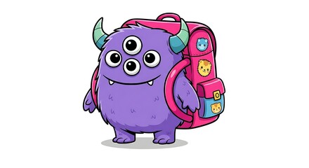 Fototapeta premium Purple cartoon monster with three eyes and a school backpack. Cute and playful child-friendly character on white background