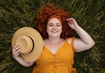 Above view of plus-size young red-haired woman with straw hat laughing while lying on grass