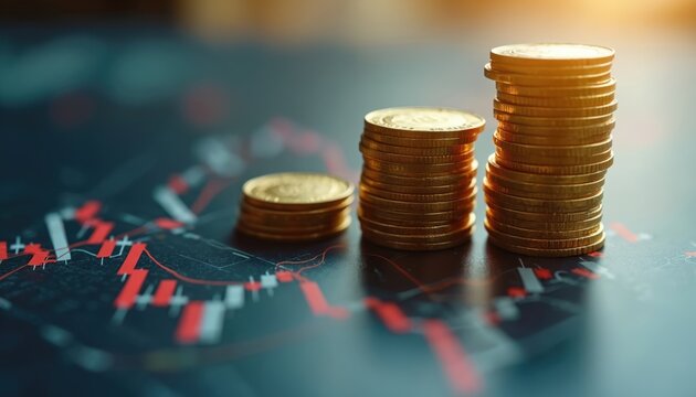 Stacks of gold coins on financial chart background. Concept of financial growth interest rates investments. Money market income profit, market, portfolio management. - Powered by Adobe