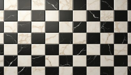 Illustration features checkerboard pattern made of black, white marble tiles with unique veins. Elegant design for backgrounds, interiors, architecture, artistic projects. Stylish decorative element,