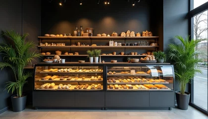 Canvas schilderij Bakkerij Modern bakery interior with display of fresh baked goods. Stylish design includes plant decor, lighting. Shop offers delicious bread pastries, cakes, hot drinks. Cafe with gourmet food for pleasant  © Vadym