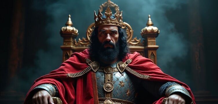 Dramatic illustration depicts King Herod on throne in dark tones. Historical elements, religious concept, intense expression, power, mystery, regal, conflict, theatrical symbolism, interpretation.