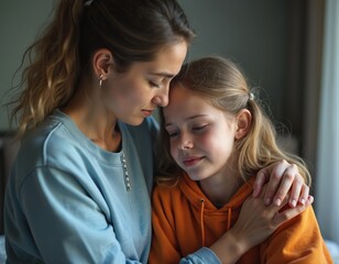 Mother comforts upset teenager. Mom hugs daughter, provides emotional support. Family relationship emphasizes understanding, empathy. Love, care, connection, trust, bonding, communication in home.