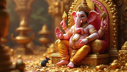 Ganesha statue, asking for blessings. Hindu god sitting on golden throne, mouse in front. Traditional indian religion, culture, wisdom, spirituality. Idol, figurine of deity. Front view closeup.