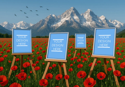 4 Framed Posters Mockup On Easels In A Poppy Field With Mountains