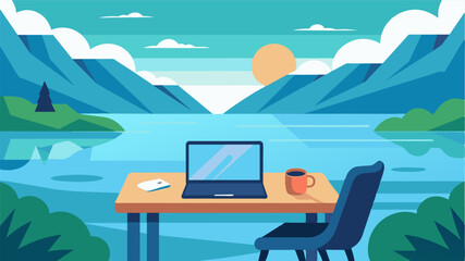Fototapeta premium The freelancers lakeside desk was the perfect blend of modern technology and natural beauty with a laptop sitting against the stunning backdrop of the lake.. Vector illustration