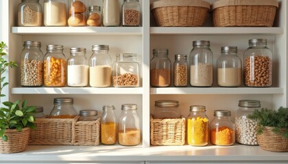 Cozy pantry filled with jars, baskets, shelves. Jars store grains, pasta, nuts, beans, cereals, cereals. Wooden shelves, light color palette creates inviting food storage atmosphere. Perfect for home