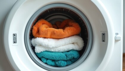 Washing machine drum with fresh clean colorful towels inside. Orange white blue soft towels. Laundry day concept. Modern appliance with front loading door. Housekeeping chore, everyday routine.