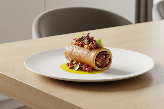 A modern minimalist food photo of Cachito presented on a pristine white plate, strategically positioned on a sleek, light-toned wooden dining table.