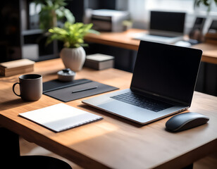 Naklejka premium Modern Office Workspace with Laptop, Coffee Mug, and Notepad