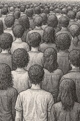 Conceptual illustration of a crowd of people standing uniformly from behind, symbolizing conformity, lack of individuality, social pressure, and collective anonymity in modern society

