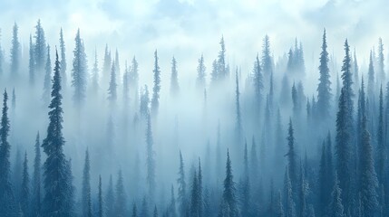 Obraz premium Misty forest of tall evergreens in winter.