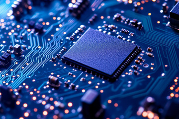 Close up of a blue computer chip on a circuit board with glowing components