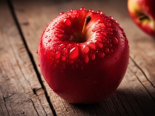Close-up of a Fresh Red Apple with Water Droplets on Wooden Background.