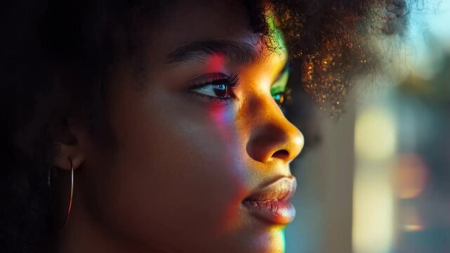 Beautiful african american woman with diverse spectrum light on face. Diversity, equality, and colorful prism effect concept. Footage.