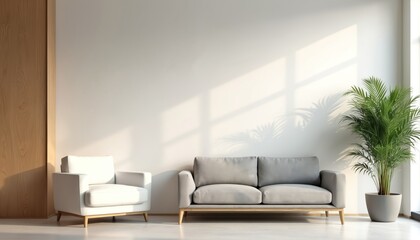 Empty white wall office lobby interior with sofa armchair. Sunlight creates shadows, green plant decorates modern living room. Mockup for logo, brand presentation, poster display.