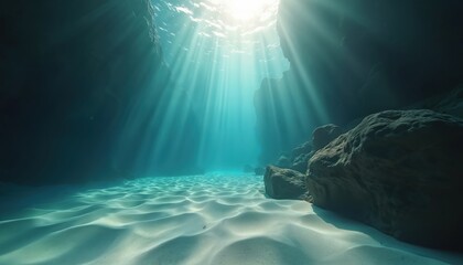 Naklejka premium Sunlight penetrates sea, illuminating sandy ocean floor. Rays of light, creating magical underwater scene. Marine landscape. Tranquil vibes. Explore marine life ecosystem. Deep ocean. Sunlight