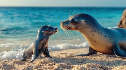 Fototapeta premium Touching moment: endearing sea lion pup greets its mother on the shore