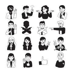 Monochrome vector set of cartoon people doing hand gestures expressing feelings and communication. Different expressions, varied emotions and actions.