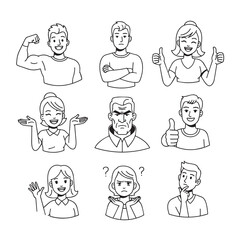Line art showing various people expressing different emotions. Happy, confused, strong, thoughtful, and angry expressions are displayed.