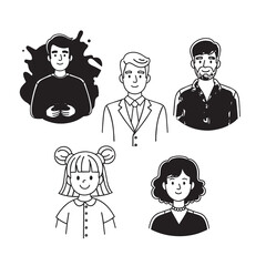 Black and white cartoon illustration of five diverse people (men & women) showing head and shoulders. Simple line art.