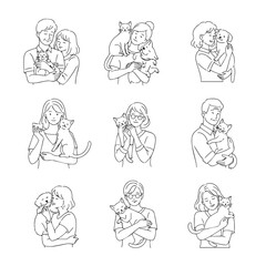Line art illustrations showing various people affectionately holding pets (cats & dogs). Diverse ages and hairstyles depicted, conveying pet love and companionship.
