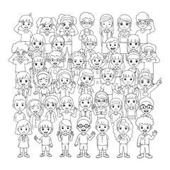 A crowd of diverse cartoon children. Some are waving, smiling, and covering their eyes. Black and white, drawing, coloring page.