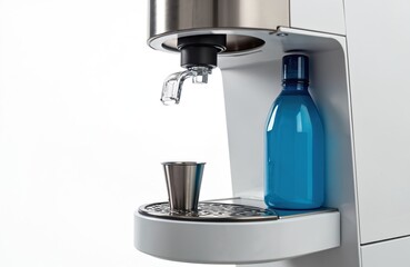 Close-up of modern white SodaStream carbonation machine with blue bottle of water and small metal cup. Clean design, fresh drink, home appliance for beverage.