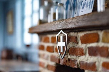 A charming interior features a rustic brick fireplace with a shield emblem. Soft light filters through windows, enhancing the cozy atmosphere with tasteful decor elements throughout the room.