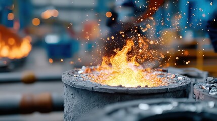 Bright flames rise from molten metal in a foundry where skilled workers oversee the pouring process. The atmosphere is filled with energy as sparks fly and vibrant colors dance.