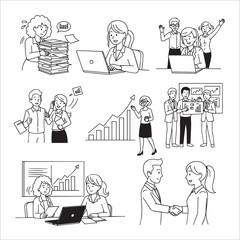 Black and white cartoon line art depicting various office scenes. Shows teamwork, stress, using technology, and positive growth.