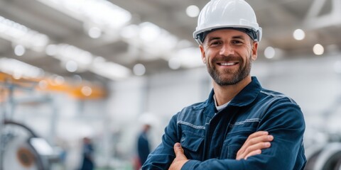 A construction worker with a hard hat displays a friendly smile in a bustling industrial environment.