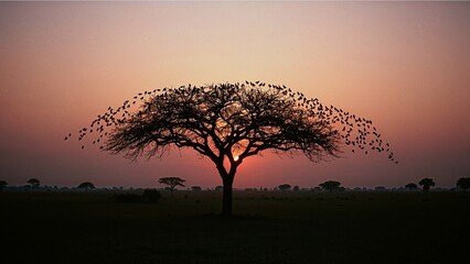 tree in the middle of the savannah, created by ia