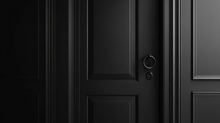 Obraz premium Dark black wooden door with panels and a ring door handle.
