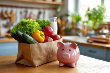 A collection of fresh produce such as lettuce, cucumbers, apples, and milk is arranged in a brown paper bag next to a pink piggy bank. Natural light fills a stylish kitchen space.
