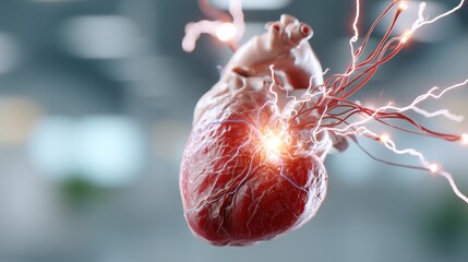 A detailed depiction of a human heart surrounded by vivid energy pulses and glowing blood vessels. The background suggests a modern medical environment, emphasizing the heart's anatomical features.