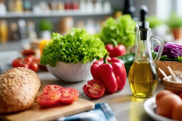 Fresh ingredients like tomatoes, lettuce, bell peppers, and herbs sit neatly on a countertop with olive oil and a sliced loaf of bread, inspiring healthy cooking.