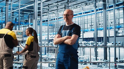 Happy industry 4.0 solar panels plant elderly supervisor overseeing facility. Smiling photovoltaics...