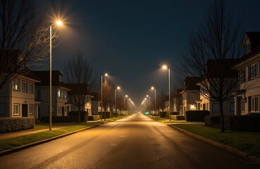 Evening view of Bronderslev Denmark. Residential street at night with illuminated streetlights. Modern houses, bare trees. Empty road in suburban area.