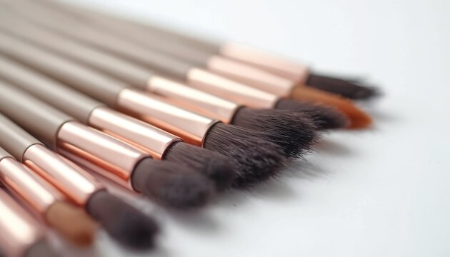 Eyelash brushes arranged in a row on white background. Beauty makeup cosmetic tools for professional application. Make-up artistry, fashion style and care. Brushes for enhancing finishing detailing.