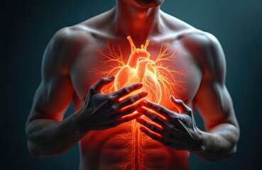Man clutching chest, feeling pain, heart illuminated, concept of cardiovascular disease. Illustration heart attack, myocardial infarction, chest pain, health problem. Medical visualization, artery,