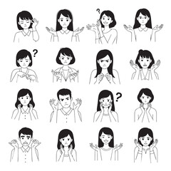 Collection of line art illustrations depicting various facial expressions of young people, showing emotions like confusion, sadness, anger, and uncertainty.