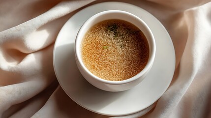 A steaming cup of soup garnished with herbs, served on a saucer against a soft fabric backdrop.