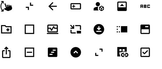 Black vector icons set for mobile apps and web design, featuring UI/UX elements like documents, windows, chat bubbles, play button, and minimalist flat avatars on white background.
