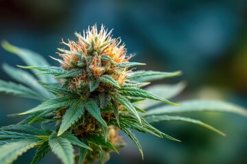 A cannabis plant exhibits lush green leaves and dense, colorful buds covered in trichomes, highlighting its growth in a garden. The flowers display vibrant colors in natural lighting.