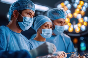 Three healthcare professionals focus intently on a surgical procedure within a modern operating room.