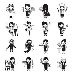 A set of 16 simple, black and white cartoon illustrations of various professionals (mostly female) performing their jobs.