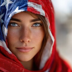 A young woman is wrapped in a vibrant scarf featuring the colors of the American flag. With her captivating blue eyes and a subtle smile, she exudes confidence and warmth in a sunny outdoor setting.