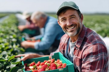 Workers gather ripe strawberries under bright sunlight in a serene farming environment, smiling and displaying their harvest while demonstrating teamwork on the farm.