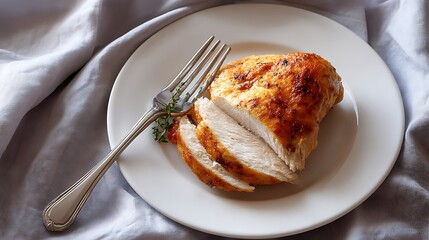 Roasted Chicken Breast Served on a White Plate with Fork